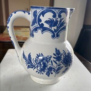 Elegant Blue and White Tiffany Delft Floral Pitcher